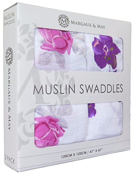 Margaux & May Baby Muslin Baby Swaddle Blankets "Pink & Purple Flowers" 47 x 47 inch Ultra Soft Muslin Blankets - Perfect Baby Shower Gift (Pink)