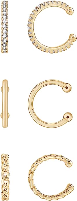 Amazon Essentials 14K Gold or Rhodium Plated Sterling Silver Set of 3 Ear Cuffs