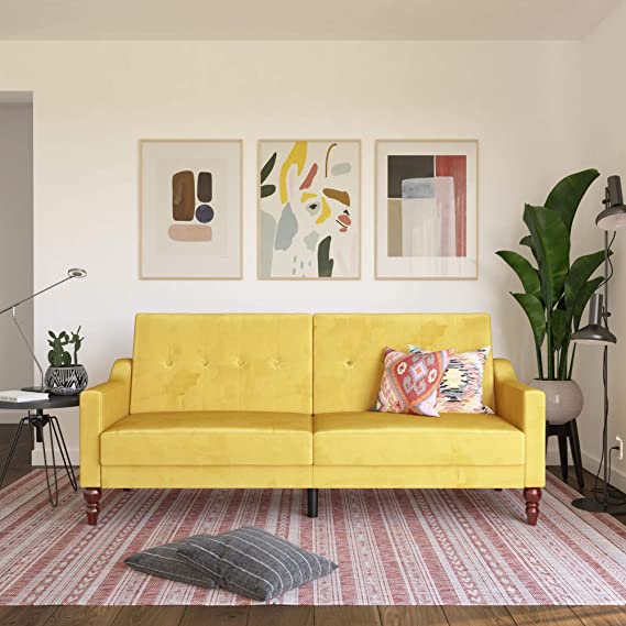 Novogratz Beatrice Coil, Convertible Sofa Bed & Couch, Mustard Futon, Yellow