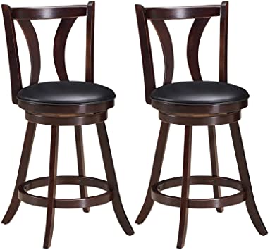 COSTWAY Bar Stools Set of 2, 360-Degree Swivel Stools with Leather Padded Seat, Single Slat Back & Solid Rubber Wood Legs, Counter Height Stools for Pub, Restaurant, Kitchen, Brown (4)