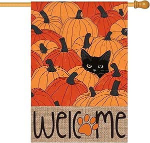 AVOIN colorlife Fall House Flag 28x40 Inch Double Sided Outside, Black Cat Autumn Welcome Pumpkins Seasonal Yard Outdoor Flag