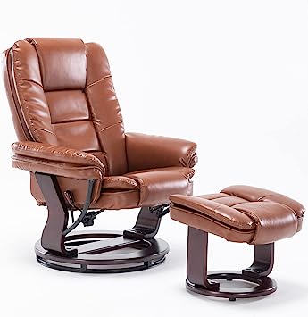 JC Home Swivel Ottoman Bonded Leather Recliner Chair and Foot Rest for Living Room, Home Theater, Man Cave, Bedroom-Round Mahogany Base-Modern, Contemporary Furniture, Extra Large, tan