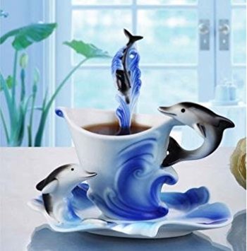 Elegant Handpainted Collectable Fine Arts China Porcelain Tea Cup and Saucer Coffee Cup Dolphins Theme Romantic Creative Present for Wedding/christmas Three Sets (Bule)