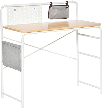 HOMCOM Bureau Informatique Table d'ordinateur Table d'étude 2 Pochettes Cadre en métal Blanc dim. 98L x 46l x 98H cm Chêne Clair