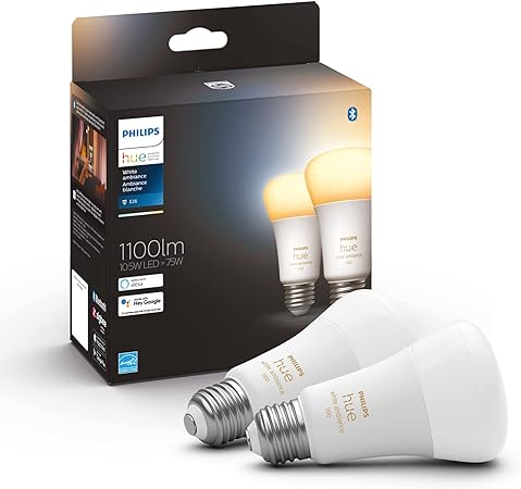 Philips Hue White 10.5W Equivalent 75W A19 Base E26 LED Smart Bulb, Warm-to-Cool White Light, Bluetooth & Zigbee Compatible, Voice Activated with Alexa & Google Assistant, Music Sync, 2-Pack