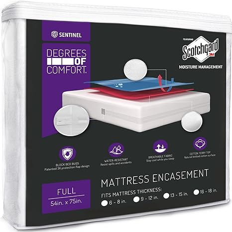Degrees of Comfort Waterproof Mattress Encasement Full Size 15-18'' Inch Deep Pocket, Zippered Design with Cotton Cover, 3M Scotchgard Stain Resistant | Breathable and Cooling Protector