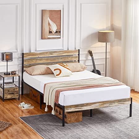 VECELO Platform Full Bed Frame with Rustic Vintage Wood Headboard and Footboard, Mattress Foundation, Strong Metal Slats Support, No Box Spring Needed