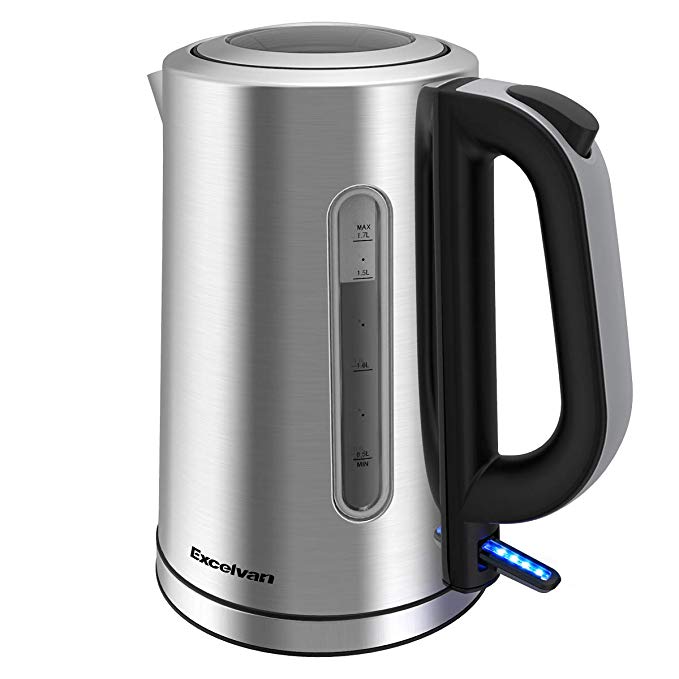 Excelvan Electric Kettle, 3000W Cordless Kettle / 1.7L Water Kettle with Overheating Protection, LED Light & Detachable Filter (Stainless Steel, Silver) [Energy Class A]