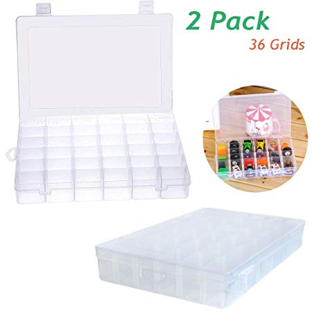 2 Pack 36 Grids Plastic Organizer with Adjustable Dividers,Multi Compartment Storage Box for Bead,Jewelry,Letter Board,Rocks