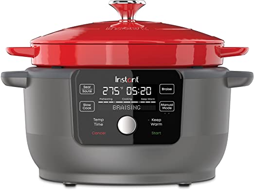 Instant Precision Dutch Oven, 5-in-1: Braise, Slow Cook, Sear/Sauté, Cooking Pan, Food Warmer, 6-Quart, Cast Iron, Red