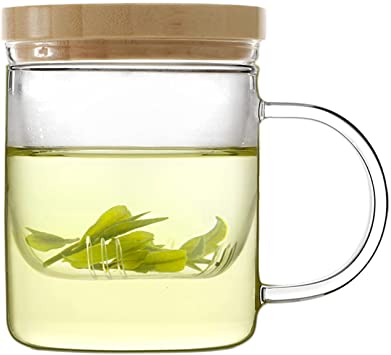 Emoi Glass Tea Cup with Infuser and Lid, 12oz/350ml Tea Mug with Tea Steeper and Bamboo lid, Easy to use, Ideal for Tea Lovers to Make a Good Cup of Tea at Home, Office or Traveling