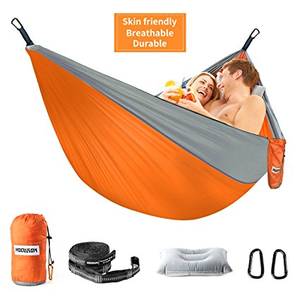 HODGSON Camping Hammock XL Double Hammock with Heavy Duty 14 Loops Tree Straps & Air Pillow, Portable Parachute Nylon Hammock for Backpacking, Travel, 118” x 78”