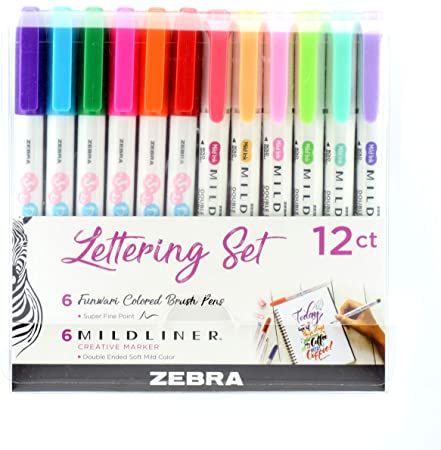 Zebra Pen Lettering Set, Includes 6 Mildliner Highlighters and 6 Super Fine Brush Pen, Assorted Colors, 12 Pack