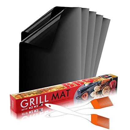 Calish Grill Mat Set of 5, Non Stick BBQ Mat, Reusable and Easy to Clean Barbecue Mat, Perfect for Baking on Gas, Charcoal, Oven and Electric Grills with Silicone Basting Oil Brush Set of 2