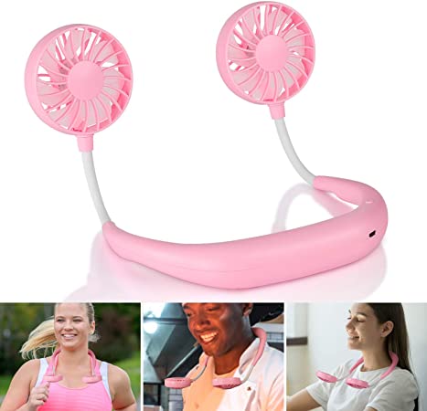 Hand Free Personal Fan USB Rechargeable, Portable Wearable Necklance Mini Fan, Dual Wind Head & 360 Degree Free Rotation Perfect for Sports,Music Festival, Traveling - by Auteve (Pink)
