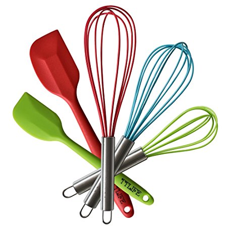 TTLIFE 5PCS Stainless Steel Silicone Kitchen Utensils Color five pieces set Cooking Set Heat Resistant Utensils Cookware 3 Silicone Whisk Set and 2 silicone spatula set for Blending Whisking Beating & Stirring