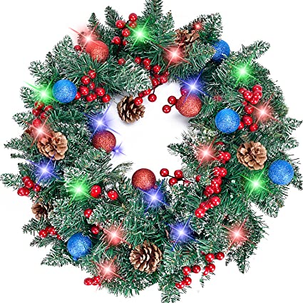 Christmas Wreath 24Inch Christmas Decorations Christmas Wreaths for Front Door with LED Battery Operated Christmas Decor Mixed Gift with Pinecone,Red Blue Ball Indoor Or Outdoor Christmas Decorations