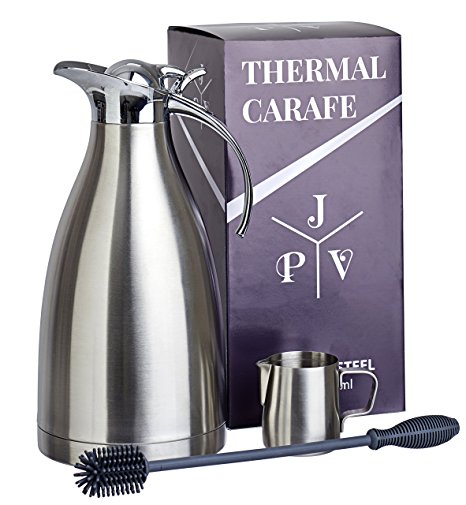 Stainless Steel Coffee Pot by JPVictoria 68 oz Insulated Thermal Carafe Thermos with Bottle Brush and 5 oz Milk Pitcher (3 Piece Set)
