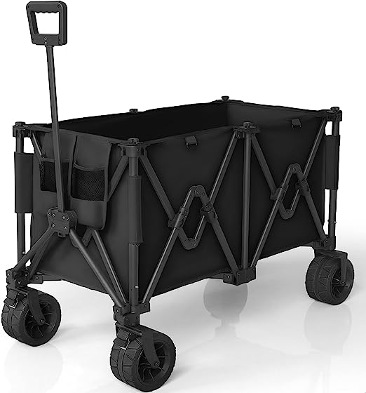 Flamaker Collapsible Folding Wagon Large Outdoor Portable Garden Cart with All-Terrain Wheels and Side Pocket Heavy Duty Utility Beach Wagon Cart for Camping, Shopping, Pet (Black)