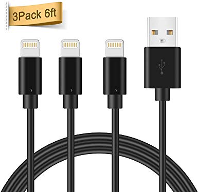 3 Pack 6ft (2m) Lightning Cable, Quntis MFi Certified Apple iPhone Charger Cable, Compatible with iPhone 11 / 11 Pro / 11 Pro Max / XS / XS Max / XR / X / 8 / 7 / 6s / Plus / 5s/ SE, iPad mini / Air, iPod, Airpods and More - Black