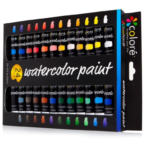Colore Watercolor Paint Set - Premium Quality Art Painting Kit for Artists, Students & Beginners - Perfect for Landscape and Portrait Paintings on Canvas - 24 Colors Of Richly Pigmented Watercolors
