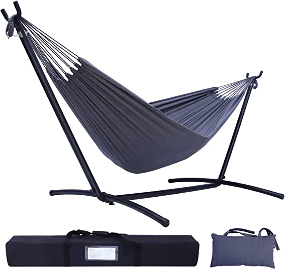 Hammock with Stand, Ohuhu Double Hammock with Space Saving Steel Stand & Pillow, 2-Person Hammock with Portable Carrying Bag for Outdoor Garden Yard Porch Patio & Indoor Space, 450 lb Capacity, Grey