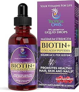 Maximum Strength 165,000mcg Liquid Biotin & Collagen Drops – Vitamins for Hair Growth for Women & Men – Supports Healthy Hair, Radiant Skin & Strong Nails – 98% Absorption, Non-GMO, 60 Servings