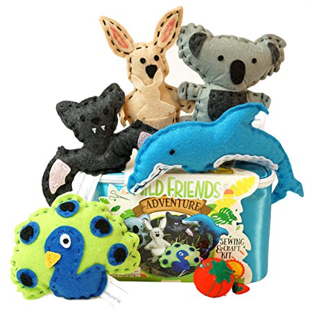 Four Seasons Crafting SEWING AND CRAFT KIT FOR KIDS, Art Project and Fun Activity, Wild Friends Adventure - Kangaroo, Koala, Dolphin, Bat, Peacock