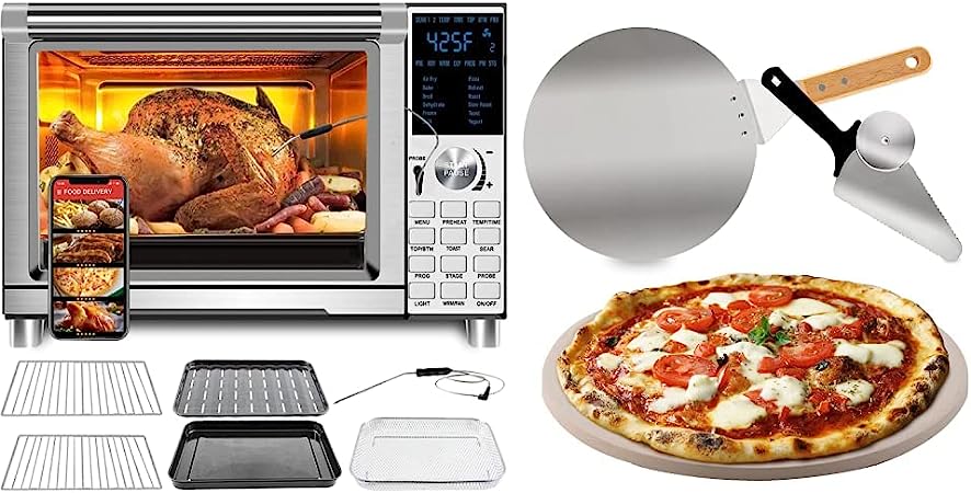 NUWAVE BRAVO XL 30-Quart Convection Oven & Brick Oven-Style 3pc Pizza Kit,11.5” Cordierite Pizza Stone,10" SS Pizza Peel, SS Pizza Cutter/Server