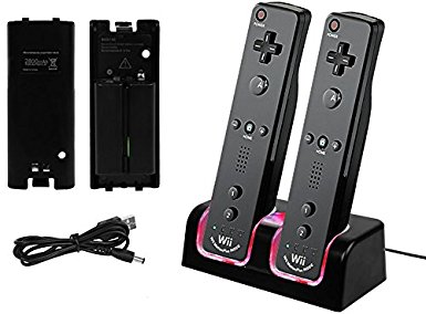 GPCT Wii Remote Dual Charger Dock With 2 Rechargeable Batteries & Docking Station   LED Lights For Wii Remote Control (Nintendo Wii (Black/1 Pack))