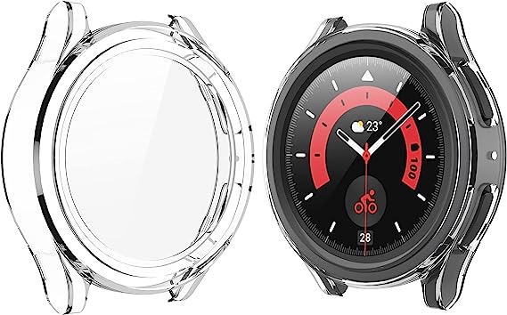 Langboom Transparent Hard Case Compatible with Samsung Galaxy Watch 5 Pro 45mm with Screen Protector, HD Tempered Glass Screen Protector Cover Overall Protective Cover, 2 Pack