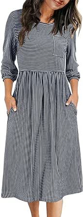 MEROKEETY Women's 3/4 Balloon Sleeve Striped High Waist T Shirt Midi Dress with Pockets