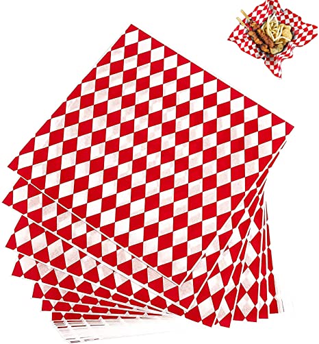 Watayo Christmas Deli Paper 100 Sheets-Red & White Wax Paper Deli Wrap-Checkered Grease Resistant Liners for Plasic Food Basket of Restaurants, Churches, BBQs, School Carnivals