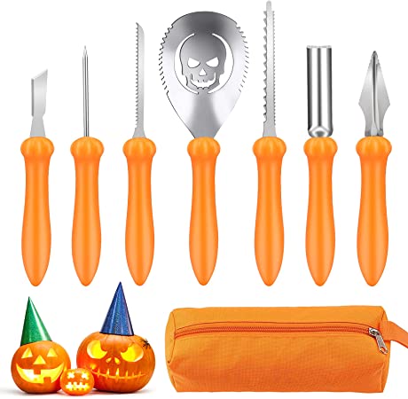 Pumpkin Carving Kit,Halloween Decorations Stainless Steel Pumpkin Carving Tools,7PCS Pumpkin Carving Kit for Kids Adults,Carver Tool with Carrying Bag,Family DIY Carving Jack-O-Lantern Pumpkins Gift