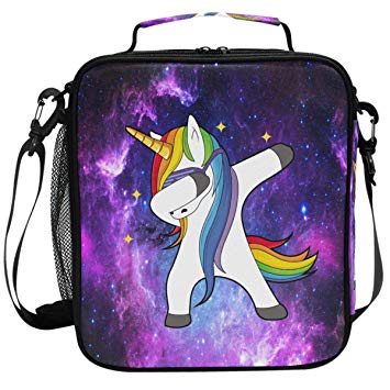Wamika Dabbing Unicorn Kids Lunch Box Lunch Bag Tote Insulated Lunch Container Organizer Large Freezable Space Galaxy Unicorn Lunch Boxes Bags Handbag with Shoulder Strap for School Girls Boys Women