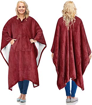 Catalonia Sherpa Wearable Blanket Poncho for Adult Women Men,Wrap Blanket Cape with Pocket,Warm,Soft,Cozy,Snuggly,Comfort Gift,No Sleeves,Wine