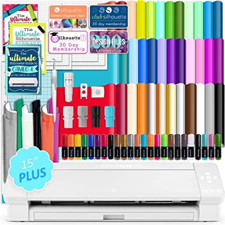 Silhouette White Cameo 4 Plus 15" Starter Bundle with 38 Oracal Vinyl Sheets, HTV, Transfer Paper, Class, Guides and 24 Sketch Pens