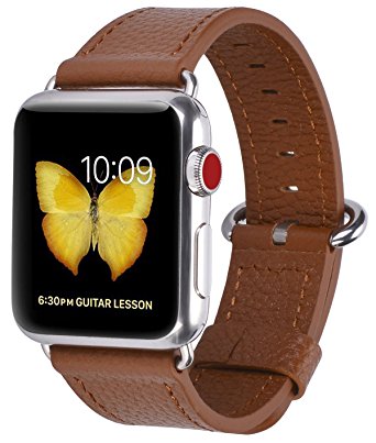Apple Watch Band 42mm Men Women - PEAK ZHANG Light Brown Genuine Leather Replacement Wrist Strap with Stainless Metal Adapter Clasp for Iwatch Series 3,Series 2,Series 1,Sport,Edition