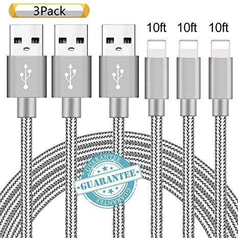 DANTENG Phone Charger 3Pack 10FT Nylon Braided Charging Cables USB Charger Cord, Compatible with Phone Max Xs XR X 8 8 Plus 7 7 Plus 6 6 Plus 5s 5 Pad and Pod - Grey