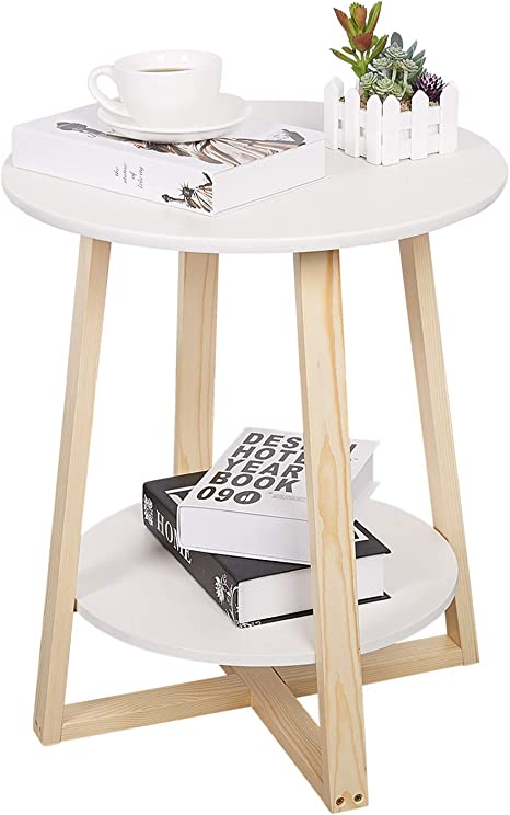 NXN-HOME Round Side Table 2 Tier Modern Nightstand End Accent Coffee Table with Storage Shelf and Solid Wood Legs for Home Office Living Room Bedroom(White)