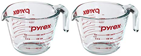 Pyrex Prepware 1-Cup Glass Measuring Cup, Clear with Red Measurements, Pack of 2 Cups