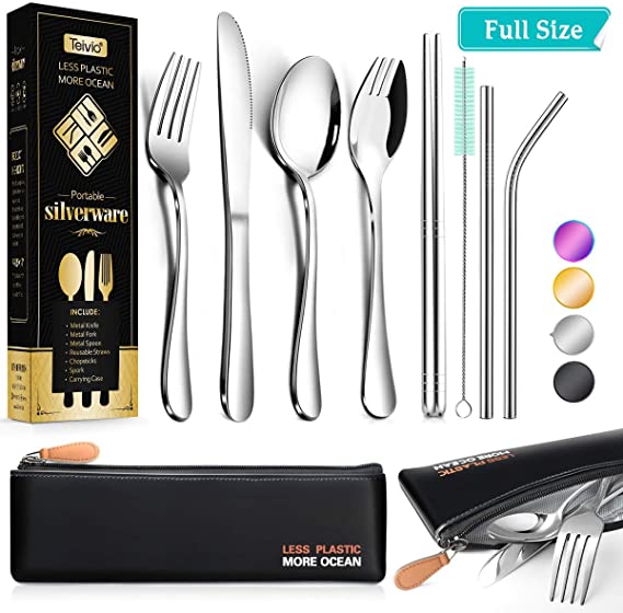 Reusable Utensils with Case - Travel Utensils - Portable Flatware Stainless Set with Waterproof Case and Straw, Knife, Fork, Spoon, Spork (Silver, Full size)