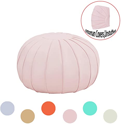 Comfortland 20 Inches Faux Leather Storage Ottoman, Folding Unstuffed Pouf Cover, Round Footrest, Small Foot Stool Seat, Bean Bag Chair, Storage Solution for Living Room, Bedroom, Kids Room（Pink）