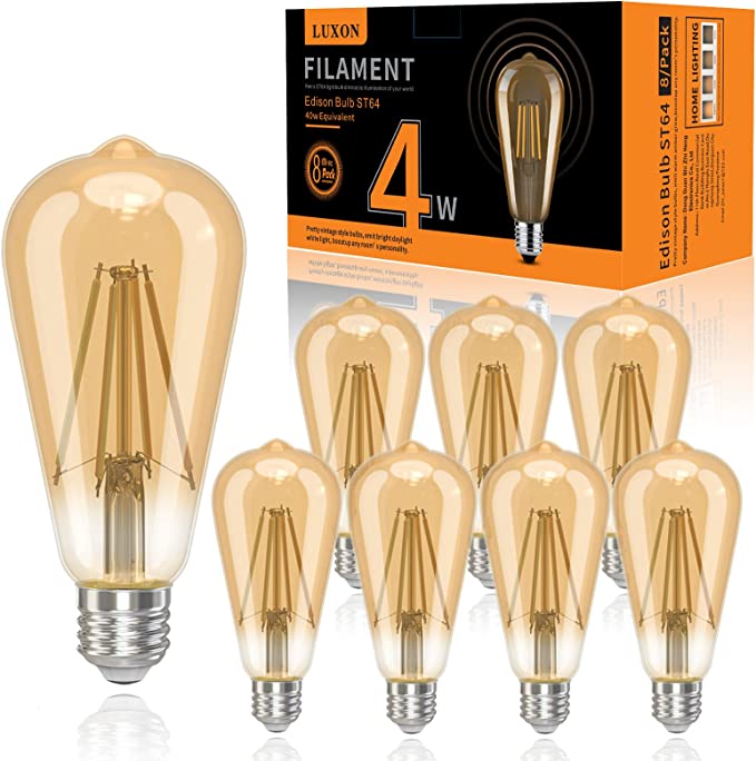 LUXON LED Edison Bulbs,4Watt(Equivalent 40W),Dimmable,4000K Daylight (Amber Glass) with CRI 90 ,ST64 Antique Vintage Style Filament Edison Light Bulbs,E26 Medium Base,Pack of 8