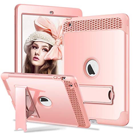 Hocase iPad 4/3/2 Case with Built-in Kick Stand, Heavy Duty Protection Hard Plastic Cover Shock Absorbent Silicone Rubber Bumper Protective Case for 9.7" iPad 4th/3rd/2nd Generation - Rose Gold