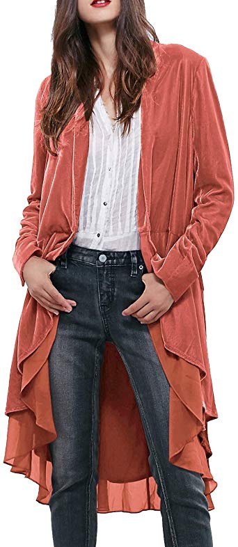 R.Vivimos Womens Ruffled Asymmetric Long Velvet Blazers Coat Casual Jackets