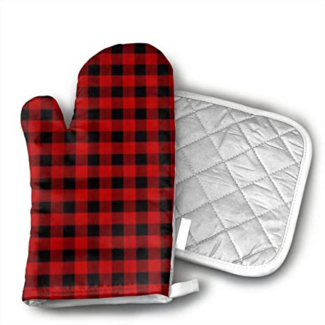 Custom Rustic Red Black Buffalo Check Plaid Pattern Oven Mitts and Potholders (2-Piece Sets) - Kitchen Set with Cotton Heat Resistant,Oven Gloves for BBQ Cooking Baking Grilling
