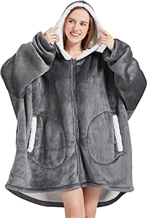 Wearable Blanket Hoodie with Zip for Women Men, Fuzzy Warm Sherpa Comfy Oversized Hoodie Blanket Plush Sweatshirt with Giant Pocket One Size Fits All-Dark Gray