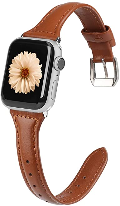 Wearlizer Slim Leather Compatible with Apple Watch Band 38mm 40mm 41mm Women, Leather iWatch Band 38mm 40mm Wristbands Accessories Strap Bracelet for Apple Watch Series 7 6 SE Series 5 4 3 2 1, Brown