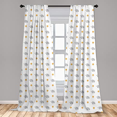 Ambesonne Hedgehog Curtains, Sketch Art Mushrooms and Forest Animals with Dots Artwork, Window Treatments 2 Panel Set for Living Room Bedroom Decor, 56" x 84", Orange Grey